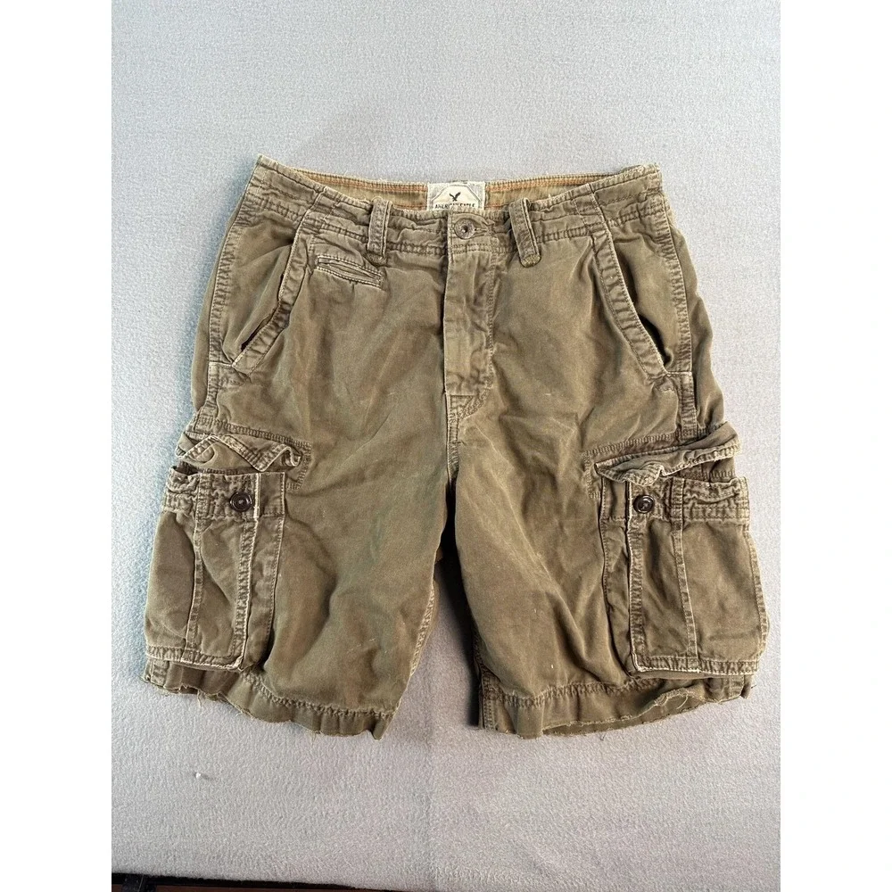 Y2k American Eagle Cargo Shorts Mens 32 Green Canvas Relaxed 11 Inseam Vintage